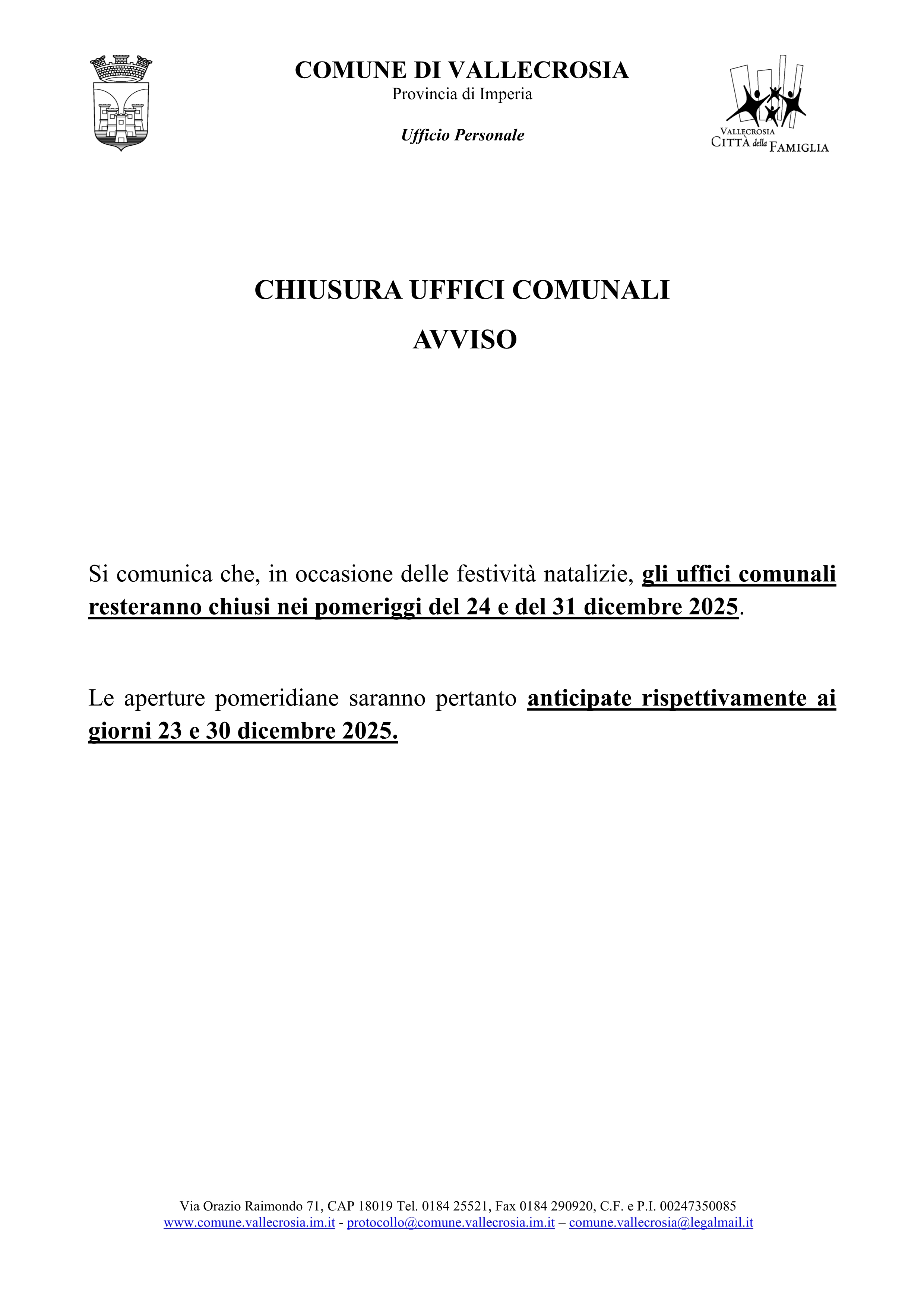 Chiusura Uffici Comunali - AVVISO