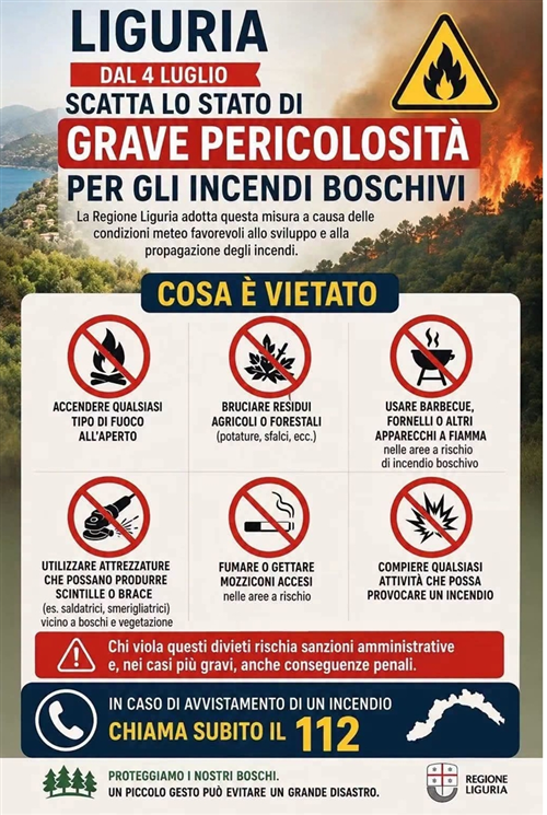 Decreto Regione Liguria Grande pericolosità per gli incendi boschivi