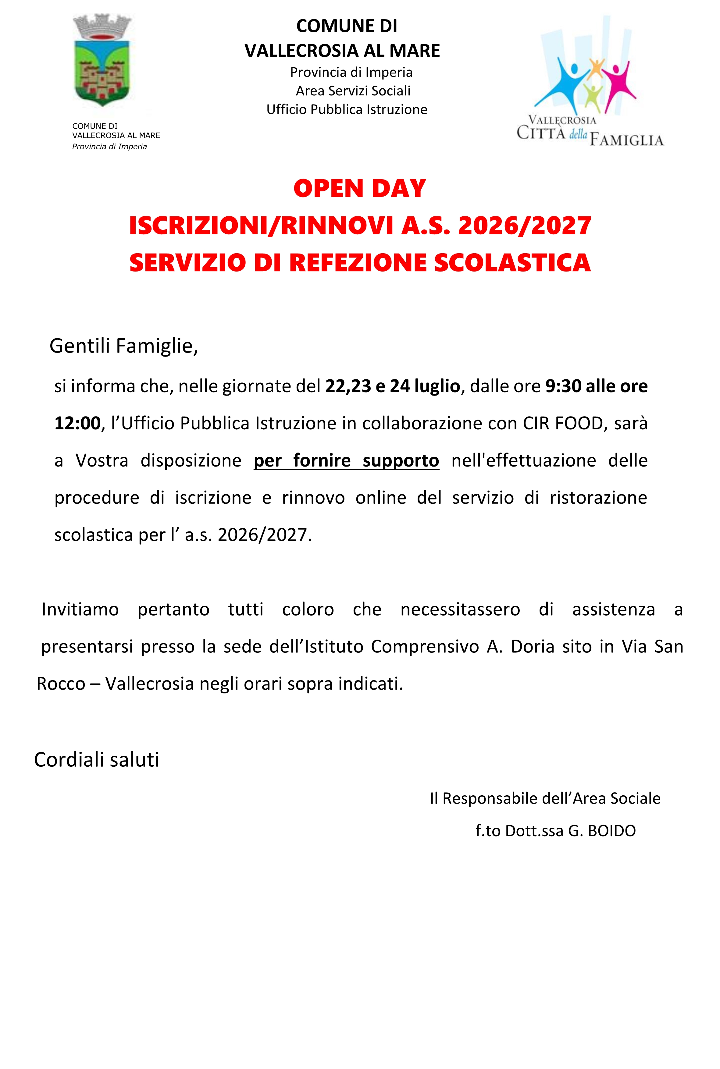 open day
iscrizioni/rinnovi anno scolastico 2026/2027
servizio di refezione scolastica